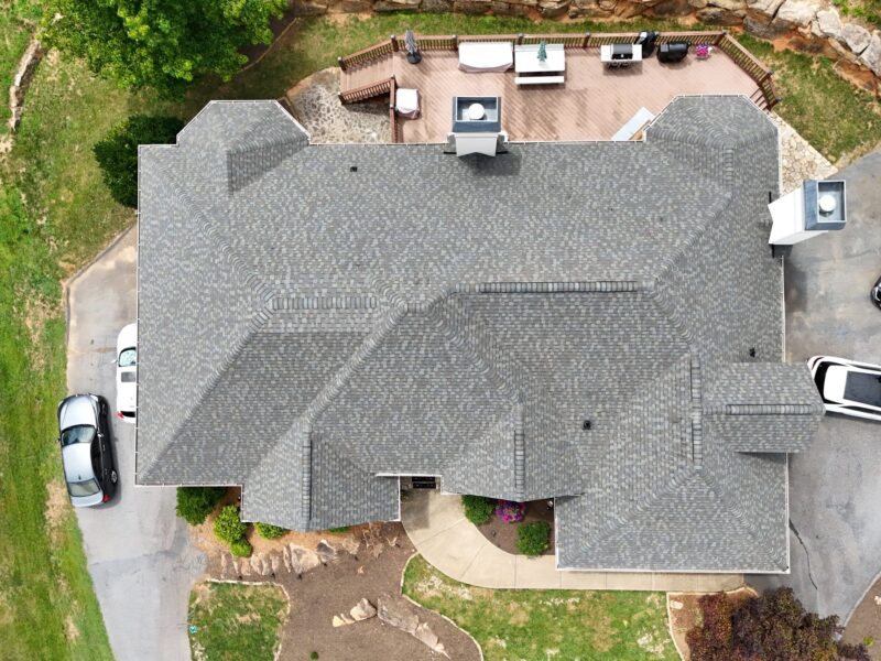 Aerial view of a shingle roof under intense summer heat in North Carolina