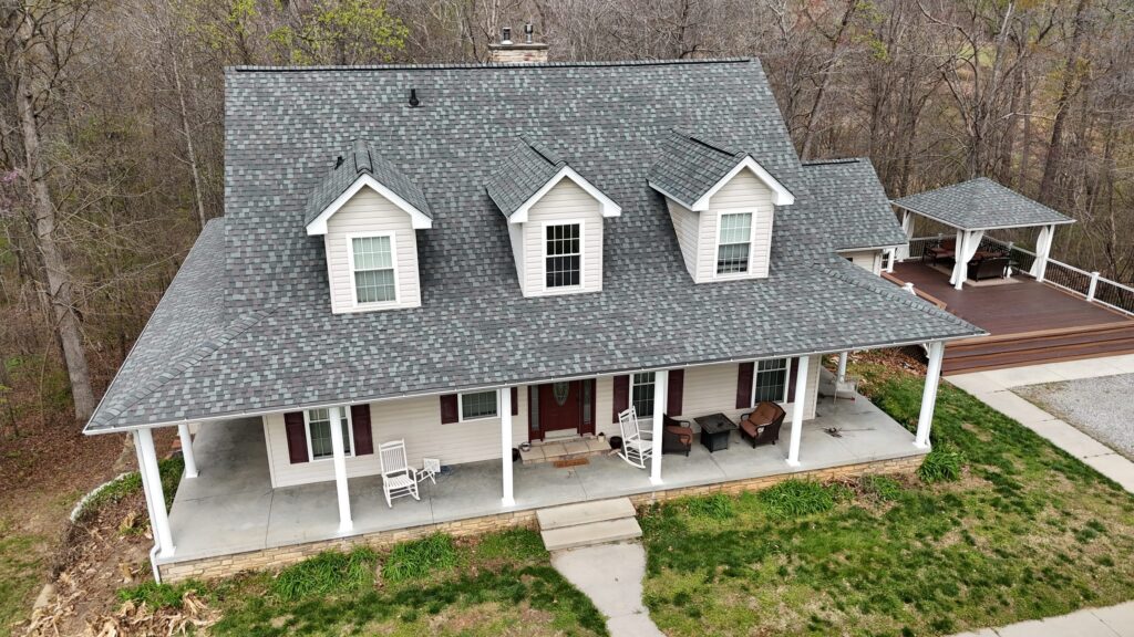 Newly installed architectural shingle roof on a farmhouse home in North Carolina