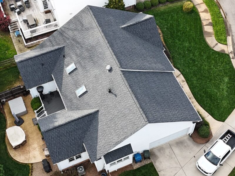 Completed residential roofing project aerial view in North Carolina